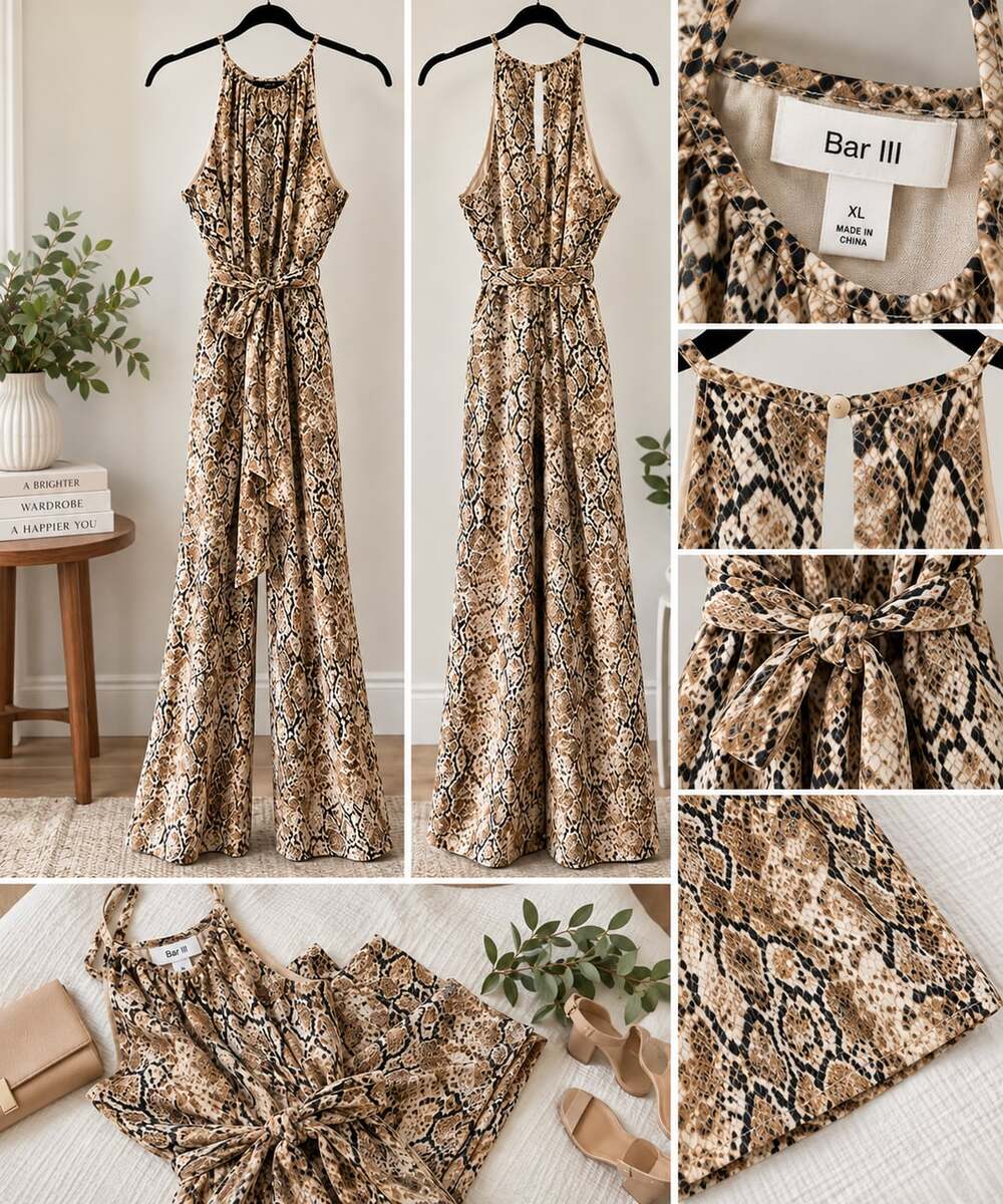 Bar III Snake Print Halter Jumpsuit Size XL Brown